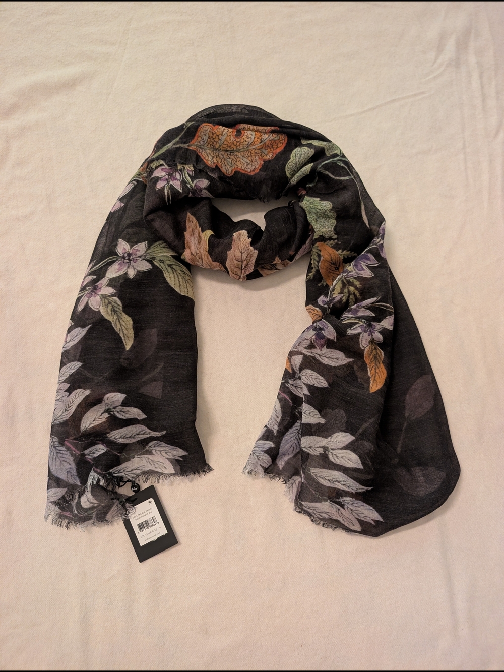 Echo Wool Blend Floral Black Lightweight Scarf with Fringe OS - Picture 5 of 10